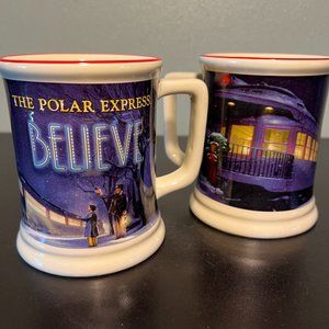 Pair of  Polar Express Christmas Mugs 3D Embossed Train BELIEVE ~ Warner Bros.